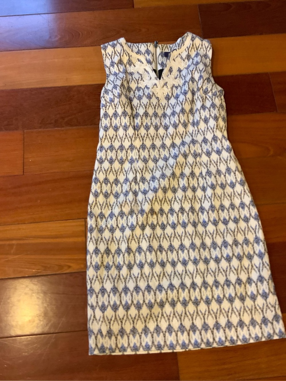 NYDJ Blue and White Patterned Midi Sheath Dress